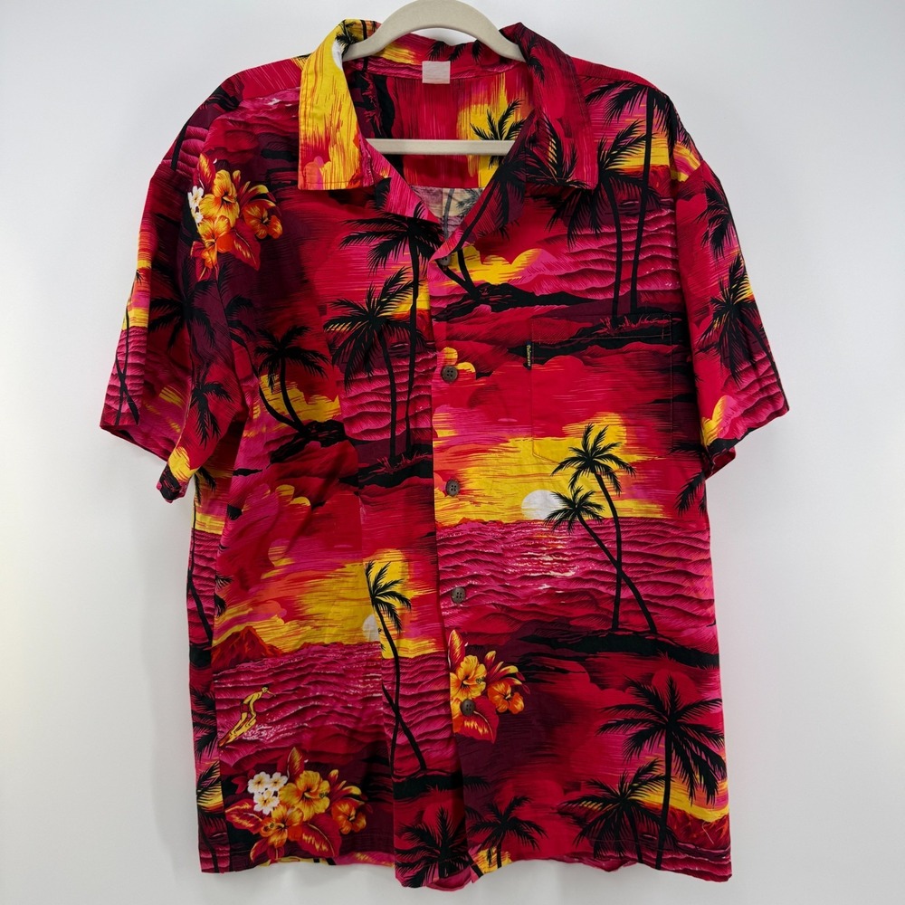 Palmwave Hawaiian Shirt Men XL Tropical Sunset Surf 100% Cotton Red Floral
